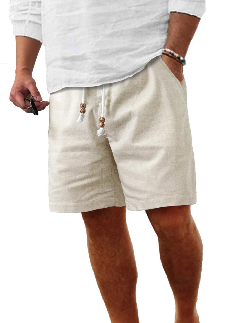 Comdecevis Men's Casual Linen Cotton Shorts Elastic Waist Drawstring Summer Beach Shorts Long Shorts Men, Beige, Large - Image 1