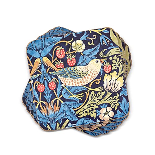 Pimpernel Morris & Co Strawberry Thief Blue Coasters, Set of 6 - Heat & Stain Resistant, Cork Back Drink Mats Featuring Classic Birds & Botanical Design - Minimal Tableware for Hosting - Image 1