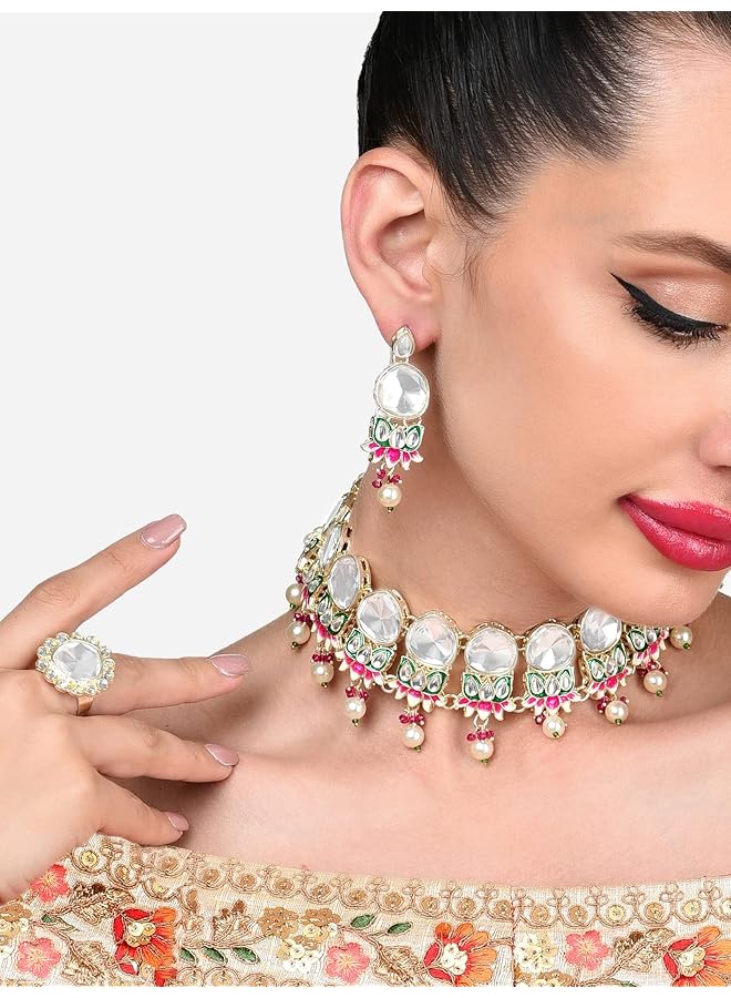 erorex Multicolor Meenakari Lotus Kundan Choker Necklace Earring And Ring Set For Women Zpfk15941 - Image 2