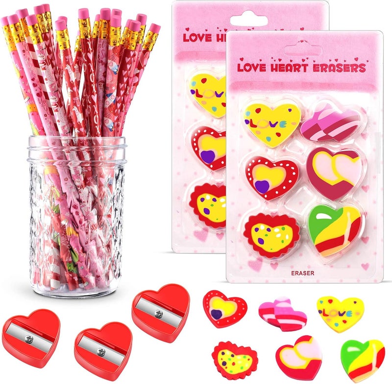 comfrt 24 Pieces Valentine's Day Pencils Match with Heart Shape Erasers and Red Pencil Sharpeners School Office Supplies Stationery Accessories Party Decorations for Students, Teachers, Office Workers - Image 1