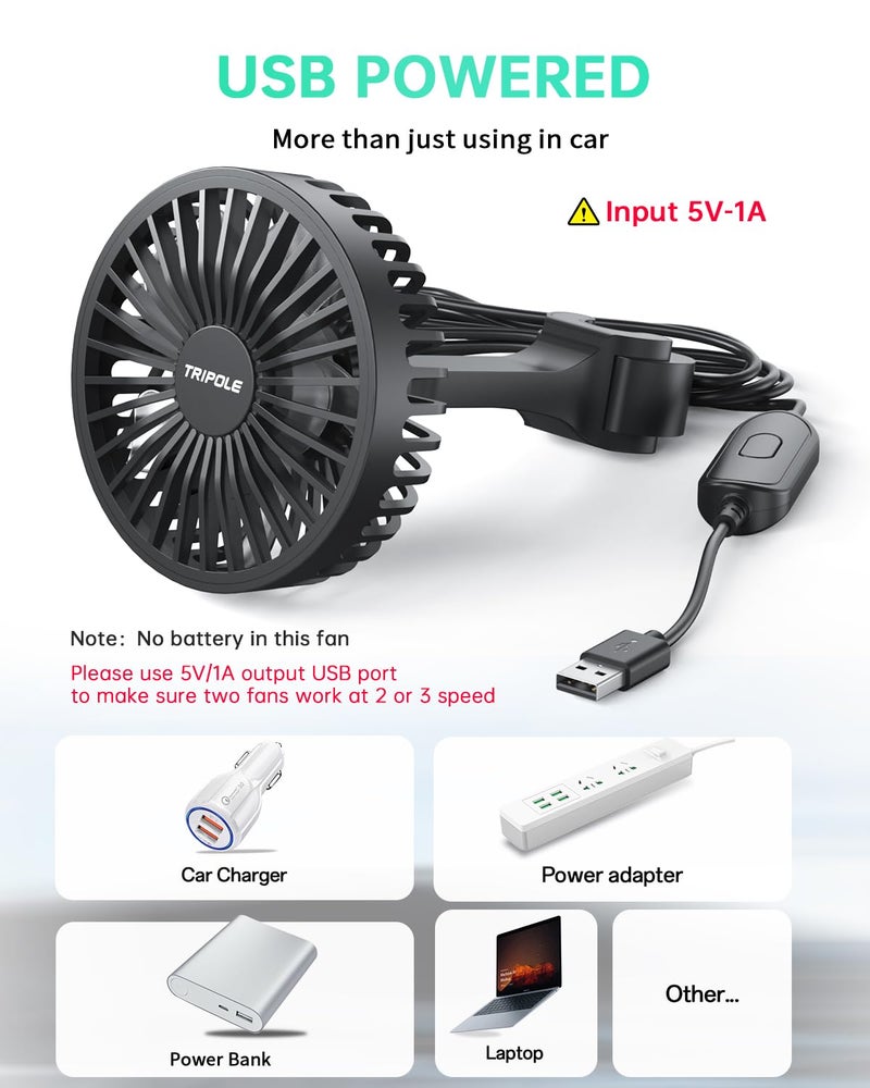 TriPole Car Fan for Rear Seat USB Powered Powerful 3 Speed 5V Fan with Adjustable Clip for Vehicles SUV RV - Image 4