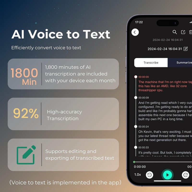 فوكيس تسجيل مسجل الصوت الذكي FoCase Note، النسخ والتلخيص والترجمة باستخدام الذكاء الاصطناعي، التحكم عبر التطبيق، سعة تخزين 64 جيجابايت، يدعم 112 لغة، مسجل ملاحظات مغناطيسي فائق النحافة للمكالمات والمحاضرات والاجتماعات - Image 4
