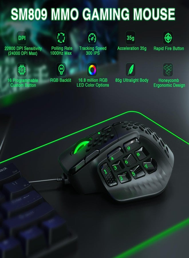 SOLAKAKA SM809 Gaming Mouse for MMO,24000 DPI,16 Programmable,RGB PC Gaming Mice,Black - Image 2