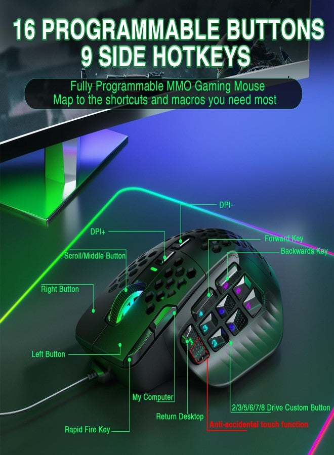 SOLAKAKA SM809 Gaming Mouse for MMO,24000 DPI,16 Programmable,RGB PC Gaming Mice,Black - Image 4