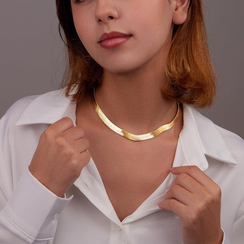 WomenGifts Chunky Gold Herringbone Choker Necklace for Women â€“ 14K Gold Plated Dainty Snake Chain Choker, Trendy Simple Long Layered Jewelry Non Tarnish, 8mm, 14 Inch & 2 Inch Extended Chain, Gift for Her - Image 2