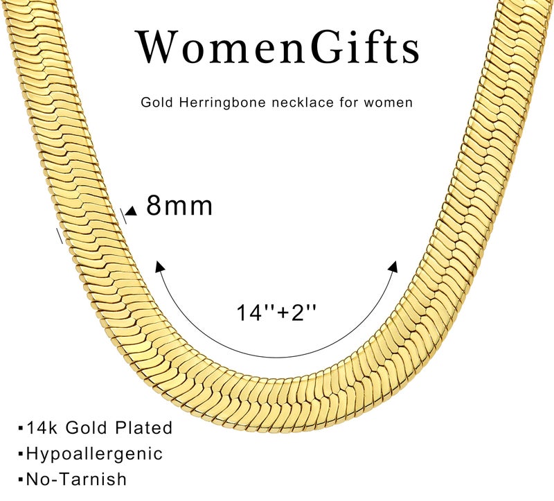 WomenGifts Chunky Gold Herringbone Choker Necklace for Women â€“ 14K Gold Plated Dainty Snake Chain Choker, Trendy Simple Long Layered Jewelry Non Tarnish, 8mm, 14 Inch & 2 Inch Extended Chain, Gift for Her - Image 5