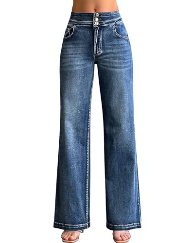 roswear Women's Wide Leg Jeans Casual High Waisted Stretch Baggy Loose Denim Pants 104Blue Small - Image 2