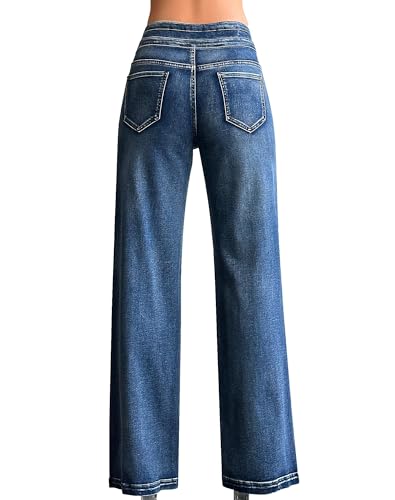 roswear Women's Wide Leg Jeans Casual High Waisted Stretch Baggy Loose Denim Pants 104Blue Small - Image 3
