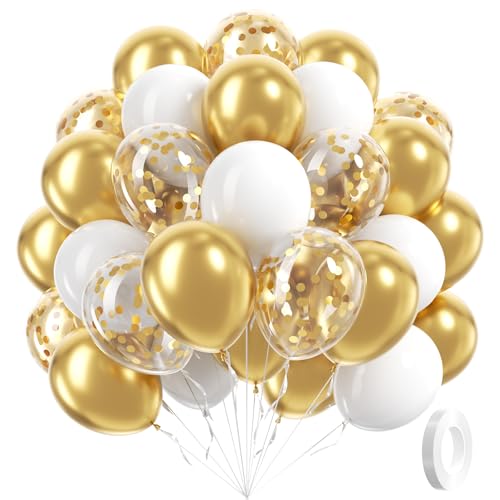 awenztech 60pcs Gold and White Balloons 12inch White and Gold Balloons with Metallic Gold Confetti Balloons for Graduation Wedding Engagement Birthday Party Decorations - Image 1