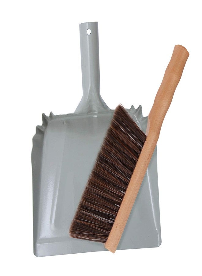 OAKART Metal Dust Pan and Brush Set Soft Bristle Wooden Broom Heavy Duty Pan Portable Size - Image 1
