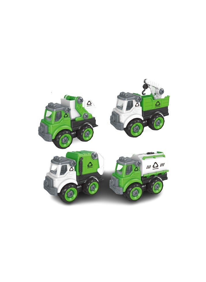 4 Cars Playset - Garbage Truck Recycling Set with Traffic Signs  Sanitation Accessories | Pull Back Green Cars | Perfect Big Birthday Gift for Kids - Image 2