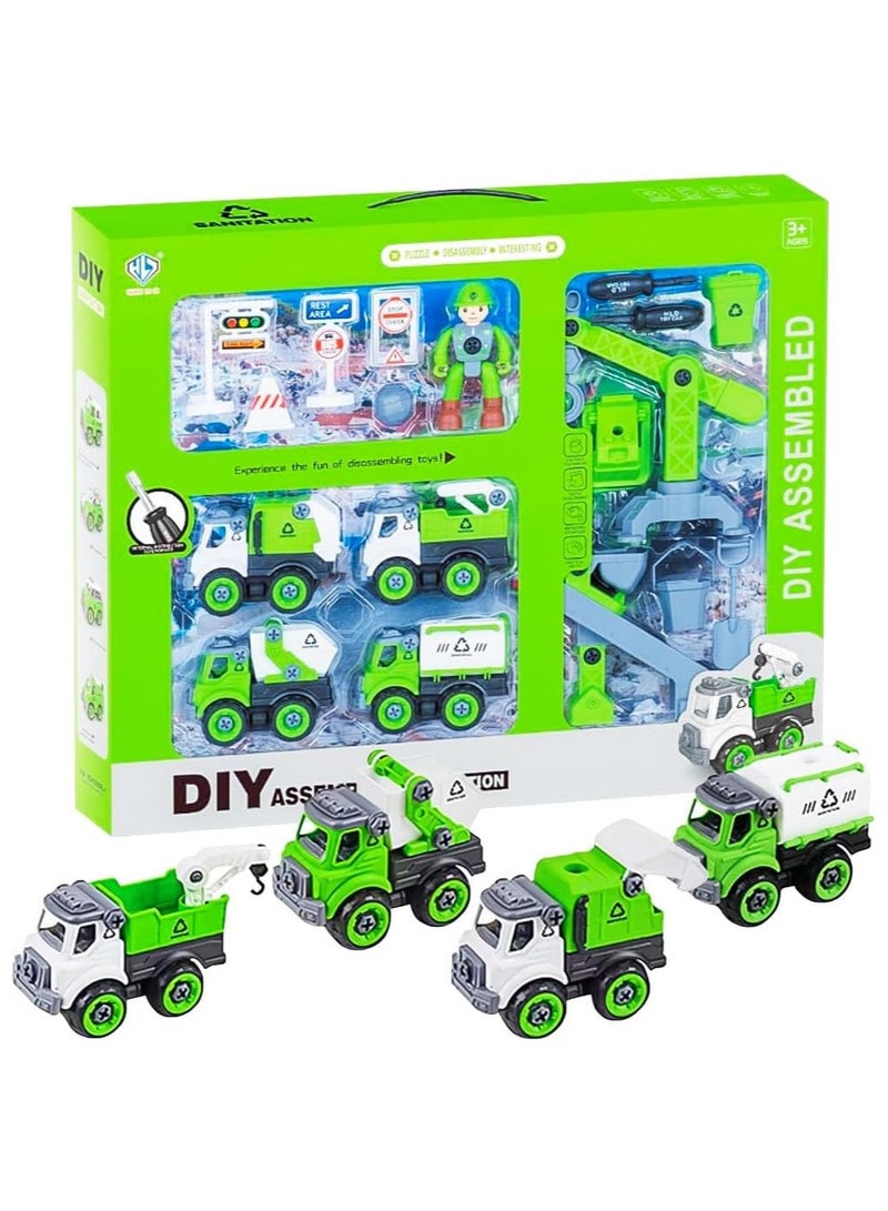 4 Cars Playset - Garbage Truck Recycling Set with Traffic Signs  Sanitation Accessories | Pull Back Green Cars | Perfect Big Birthday Gift for Kids - Image 1