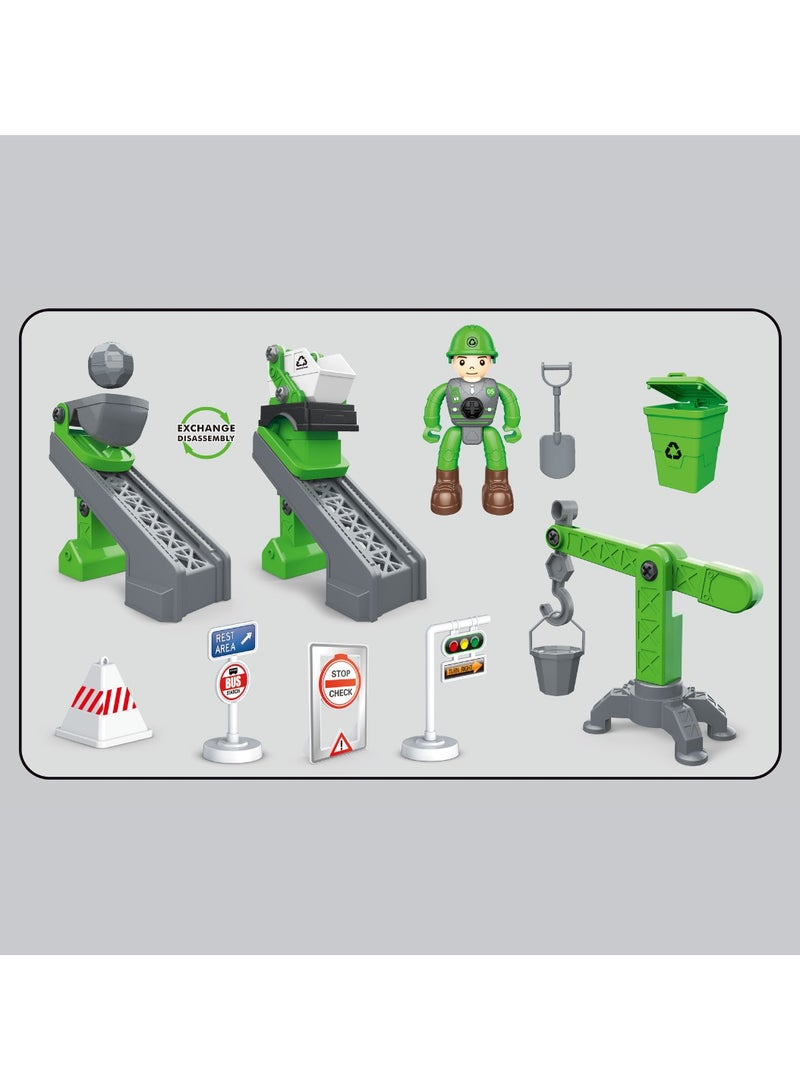 4 Cars Playset - Garbage Truck Recycling Set with Traffic Signs  Sanitation Accessories | Pull Back Green Cars | Perfect Big Birthday Gift for Kids - Image 3