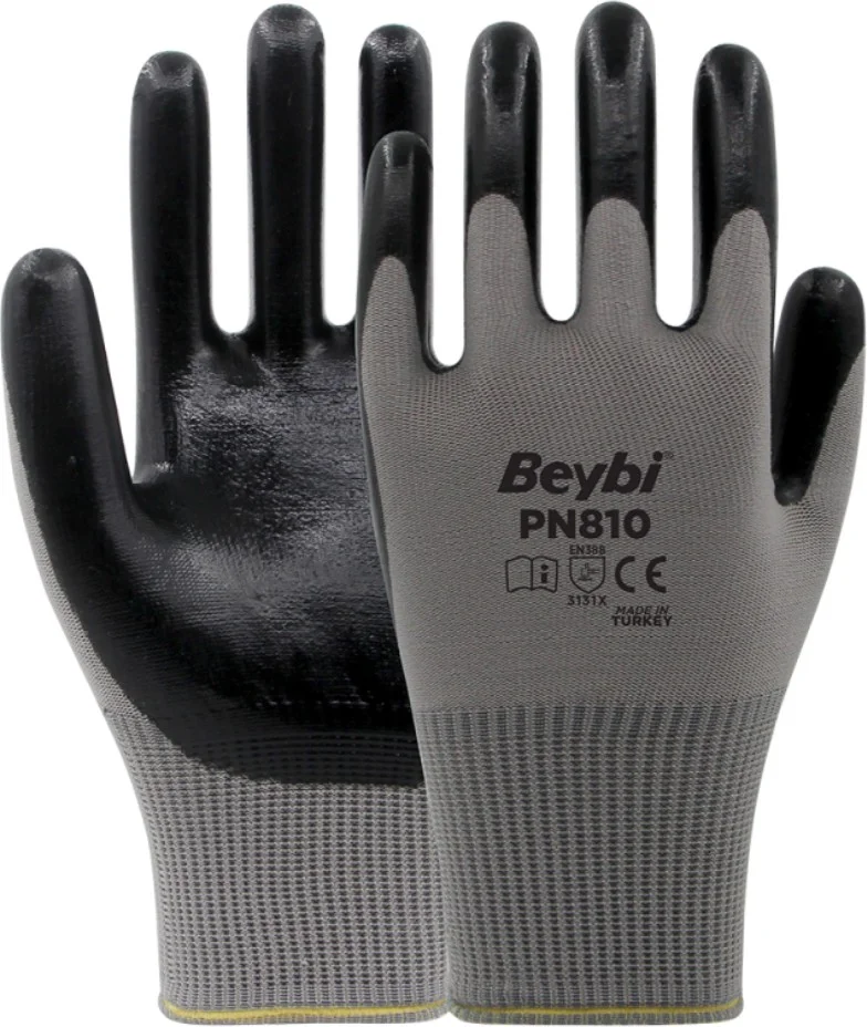 Beybi PN810 Gray Polyester Knitted Nitrile Gloves Work Gloves 1 Pair
