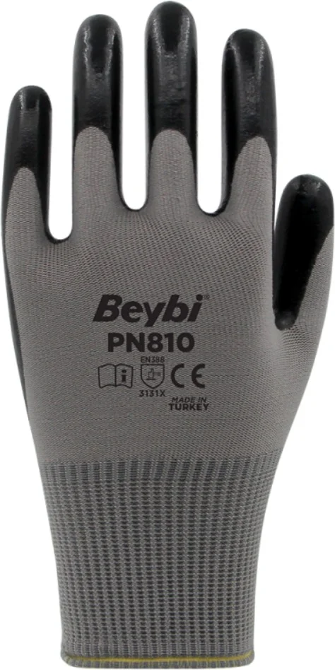 Beybi PN810 Gray Polyester Knitted Nitrile Gloves Work Gloves 1 Pair