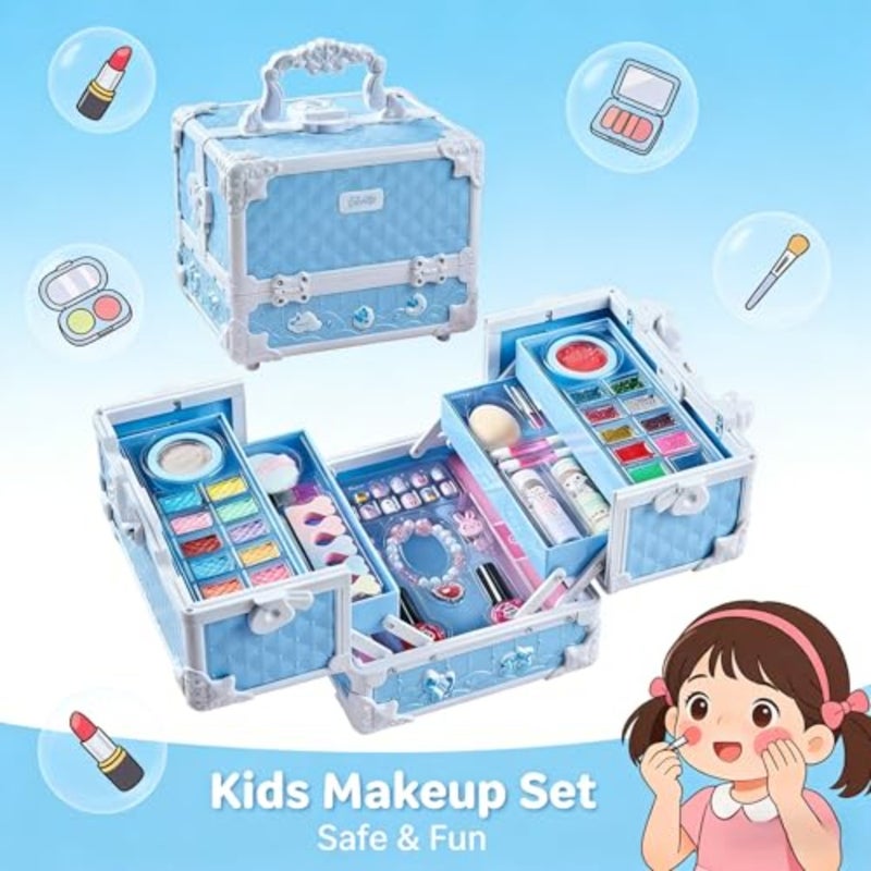 Makeup Kit - Blue Washable Makeup Set for Girls Aged 5-7+ with Portable Makeup Box, Lipstick, Eye Shadows and More - Image 2