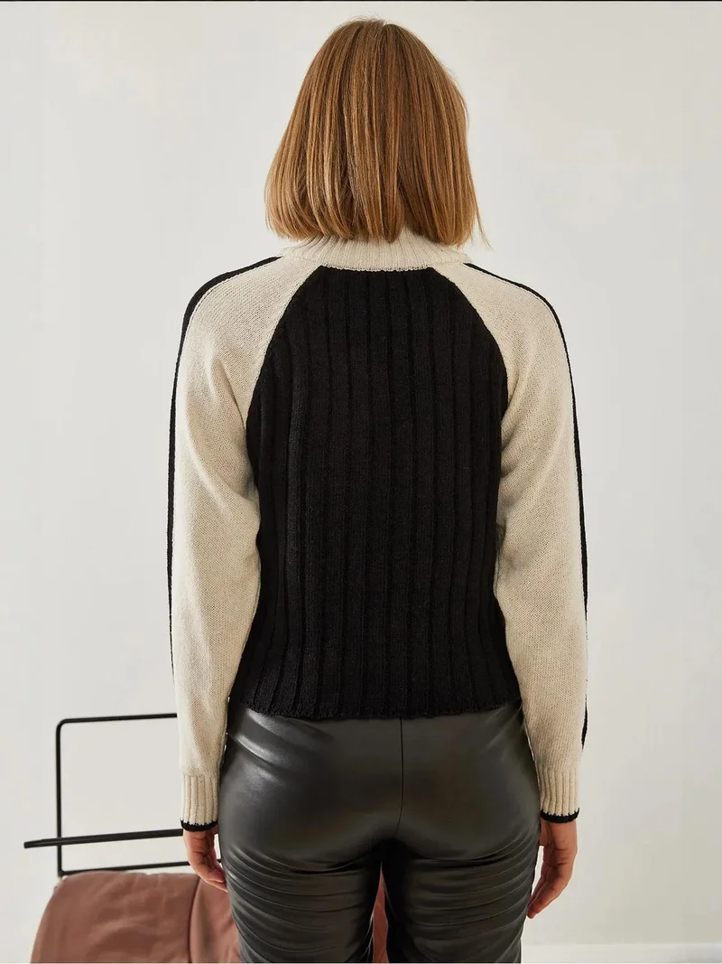 Bianco Lucci Black LUCCI Textured Acrylic Sweater with Zipper Collar for Women | Best Price UAE