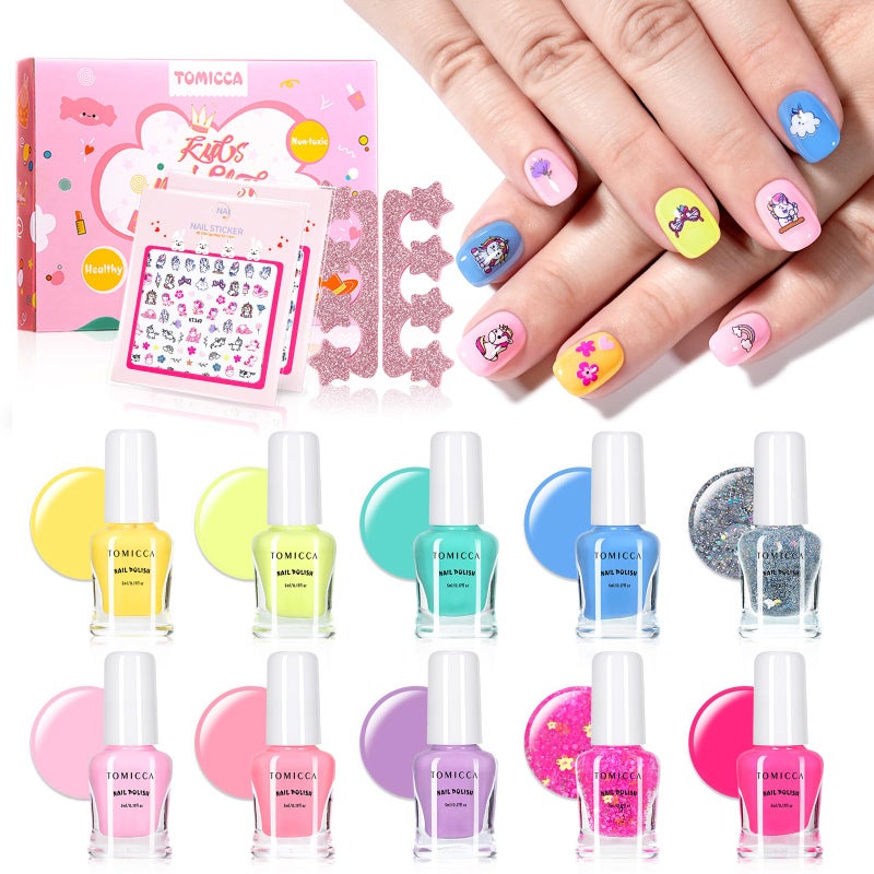 TOMICCA Kids Nail Polish Set, Non Toxic Quick Dry Water-Based Peel-Off 10 Colors Toddler Nail Polish Kit Natural Safe Quick Diy Kids Gifts Kit for Girls Ages 5+ - Image 1