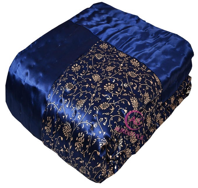 RAJASTHANI COTTON FILLED LIGHT WEIGHT SILK SOFT JAIPURI AC QUILTRAZAI DOHAR OVER ALL FLORAL PRINT DESIGN WITH GOLD PRINT QUILTS BLANKETS FOR HOME 85X55 INCHBLUE JAAL PRINT SINGLE BED