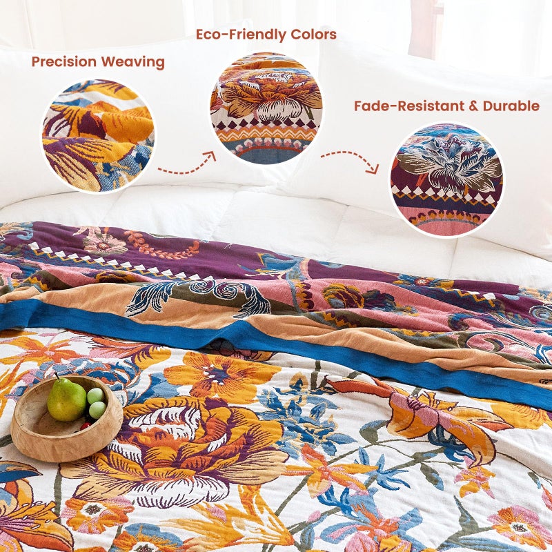 MSGKV Boho Throw Blanket 50"x60" Couch Floral 100% Cotton Blanket Spring Breathable Lightweight Blankets for Sofa All Seasons Home Decor Muslin - Image 3