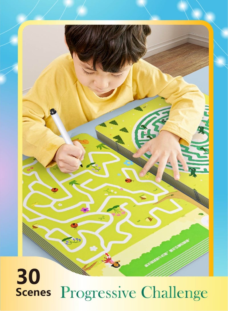 3-Stage Reusable Maze Cards for Kids 3+ - 30 Scenes on 15 Thick Cards! Dry-Erase Focus Trainer to Boost Logic & Pre-Writing Skills (Progressive Challenge) - Image 1