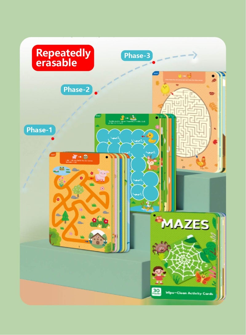3-Stage Reusable Maze Cards for Kids 3+ - 30 Scenes on 15 Thick Cards! Dry-Erase Focus Trainer to Boost Logic & Pre-Writing Skills (Progressive Challenge) - Image 3