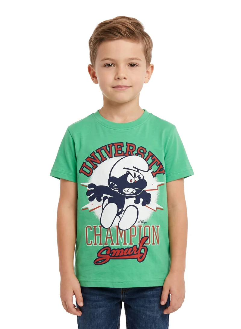 Trucare The Smurfs University Champion Graphic T-Shirt for Kids | Character Print Casual Crew Neck Tee