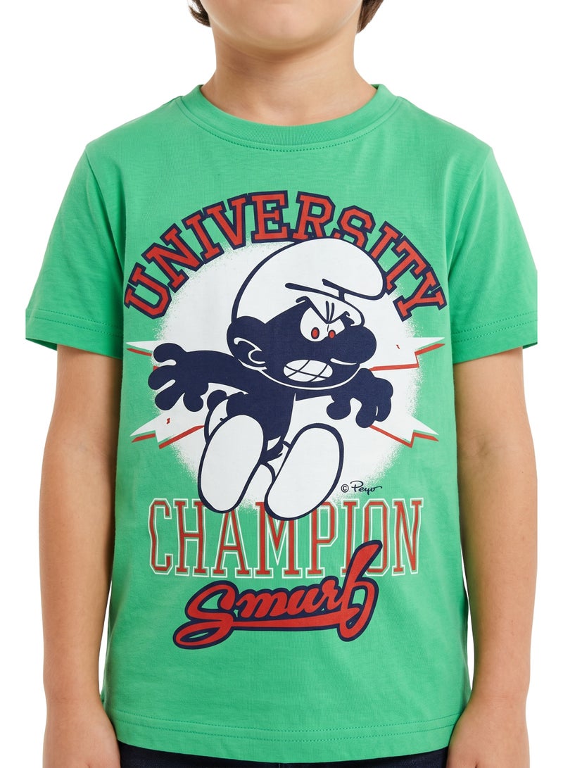 Trucare The Smurfs University Champion Graphic T-Shirt for Kids | Character Print Casual Crew Neck Tee - Image 4