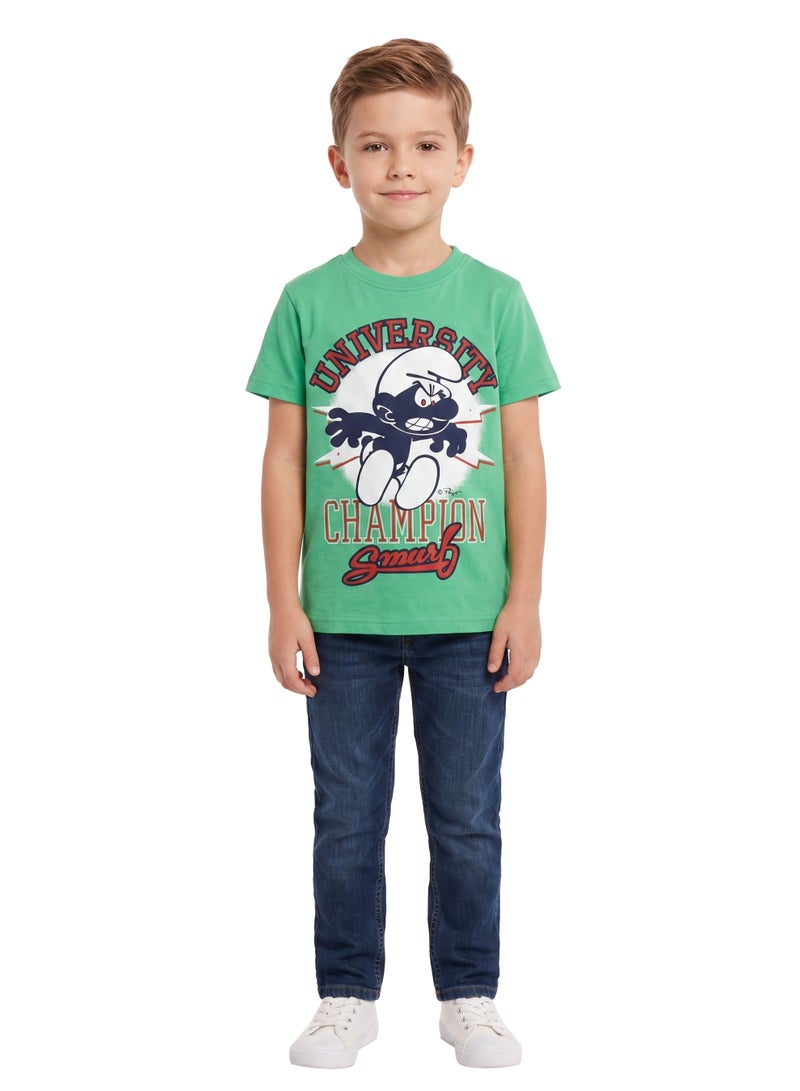 Trucare The Smurfs University Champion Graphic T-Shirt for Kids | Character Print Casual Crew Neck Tee - Image 3
