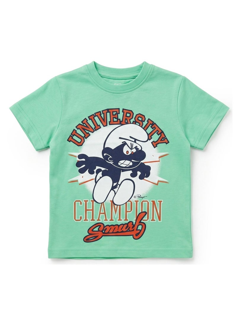Trucare The Smurfs University Champion Graphic T-Shirt for Kids | Character Print Casual Crew Neck Tee - Image 5