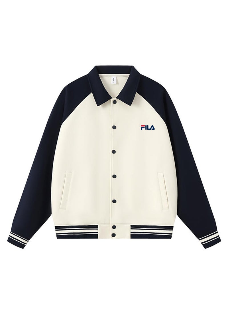 FILA Color-Blocked Lapel Collar Contrast Baseball Jacket - Image 3