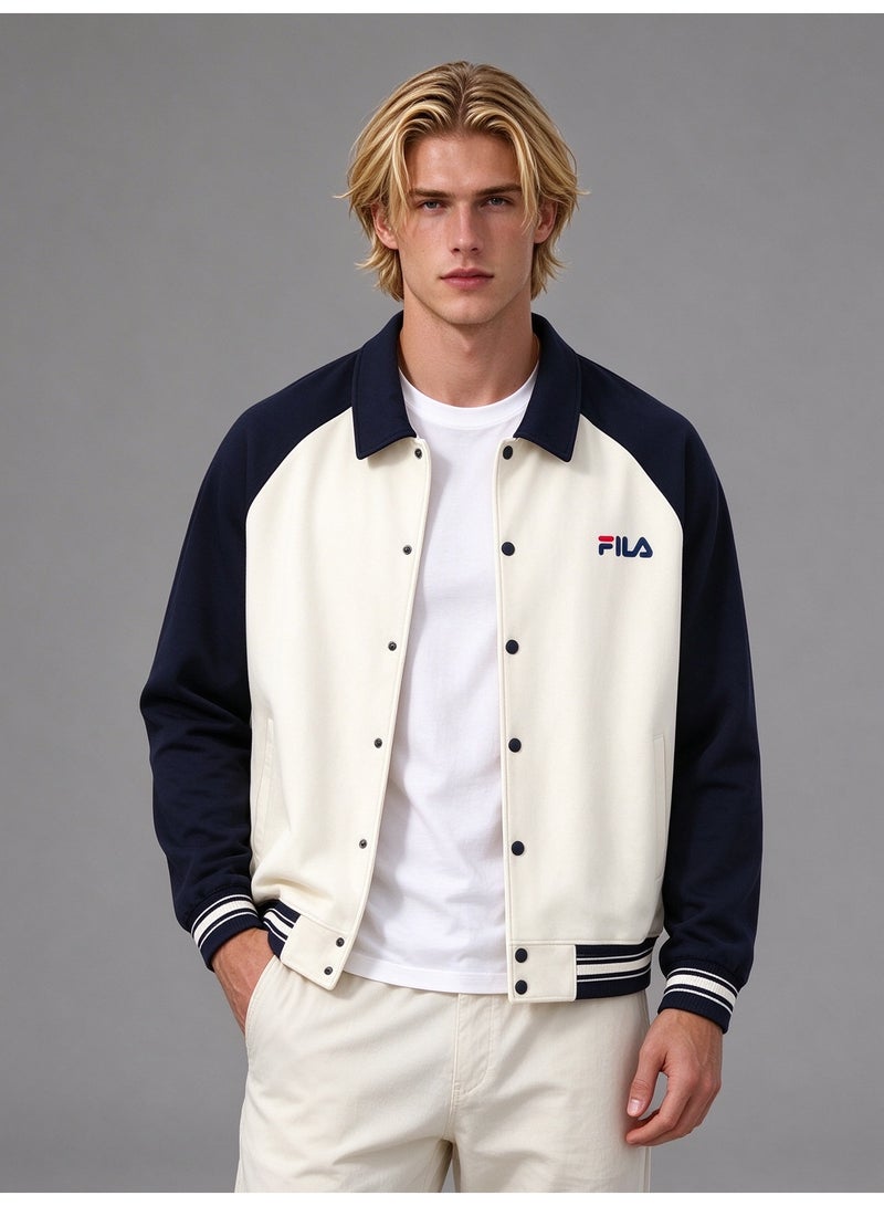 FILA Color-Blocked Lapel Collar Contrast Baseball Jacket - Image 1