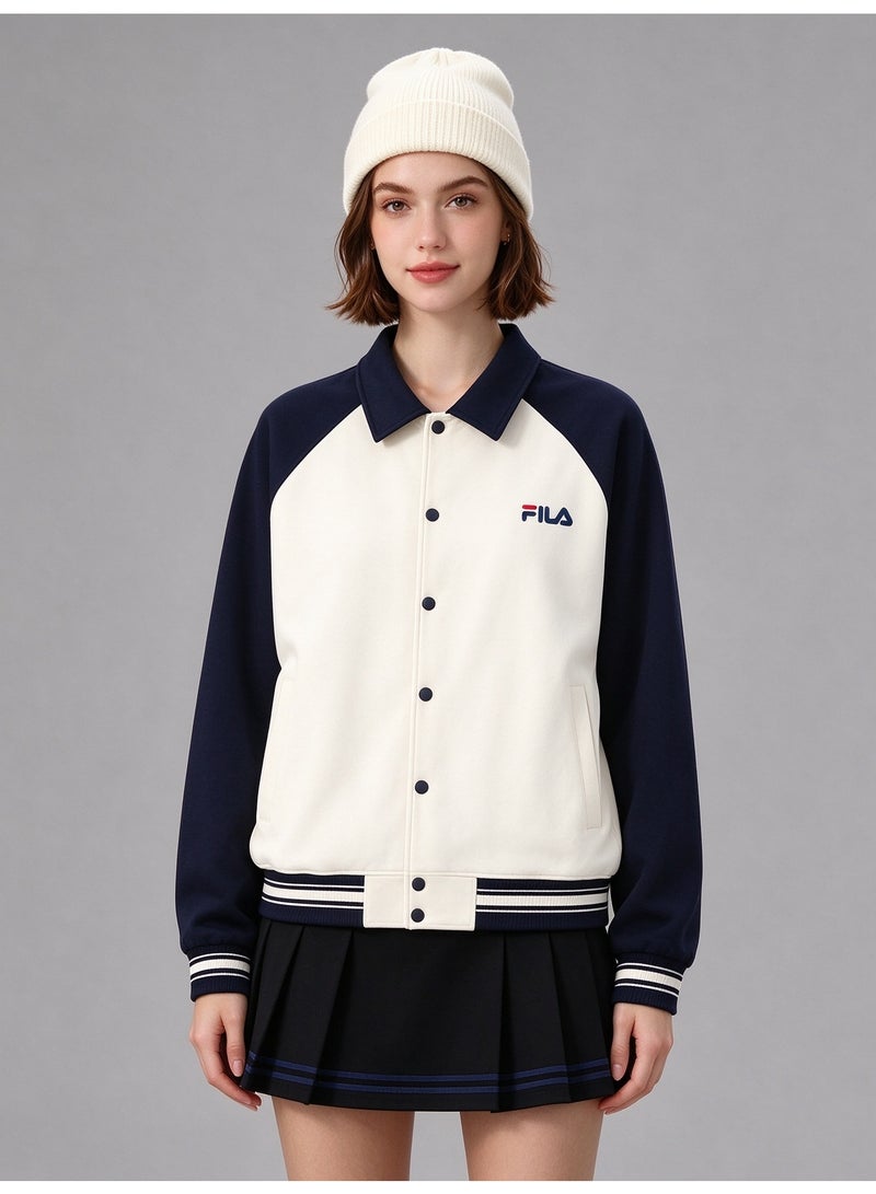 FILA Color-Blocked Lapel Collar Contrast Baseball Jacket - Image 2