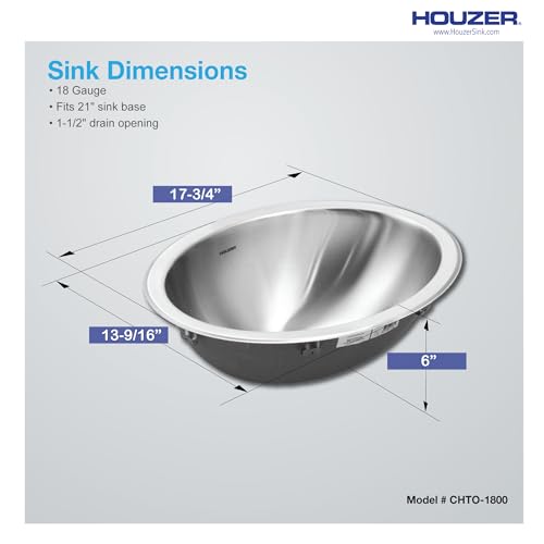 Houzer Opus Stainless Steel Bathroom Sink: 18 Inch Drop-In Topmount Oval Bowl with Overflow Drain Assembly, Durable & Versatile, Essential for Home & Apartment: CHTO-1800-1 - Image 5