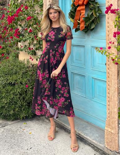 MEROKEETY Women' Summer Floral Maxi Dress 2026 Spring Mesh Short Sleeve Flowy Wedding Guest Beach Long Dresses, Black, Medium - Image 5