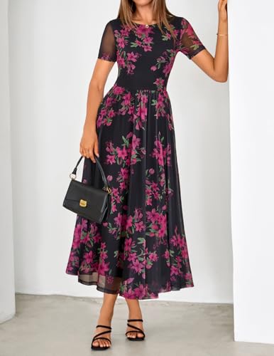 MEROKEETY Women' Summer Floral Maxi Dress 2026 Spring Mesh Short Sleeve Flowy Wedding Guest Beach Long Dresses, Black, Medium - Image 3