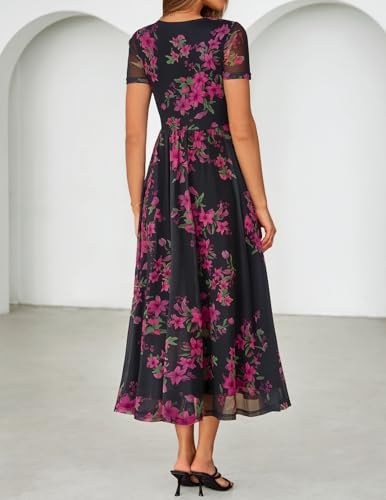 MEROKEETY Women' Summer Floral Maxi Dress 2026 Spring Mesh Short Sleeve Flowy Wedding Guest Beach Long Dresses, Black, Medium - Image 4