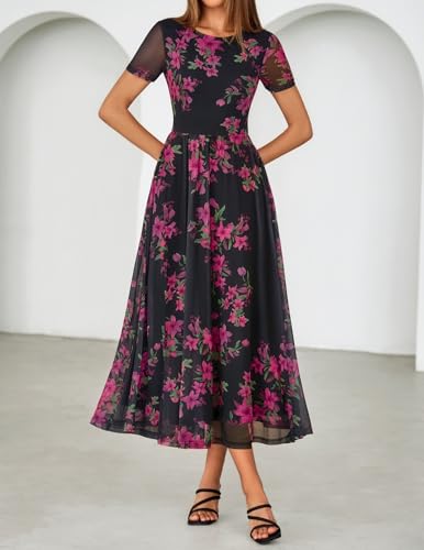 MEROKEETY Women' Summer Floral Maxi Dress 2026 Spring Mesh Short Sleeve Flowy Wedding Guest Beach Long Dresses, Black, Medium - Image 2