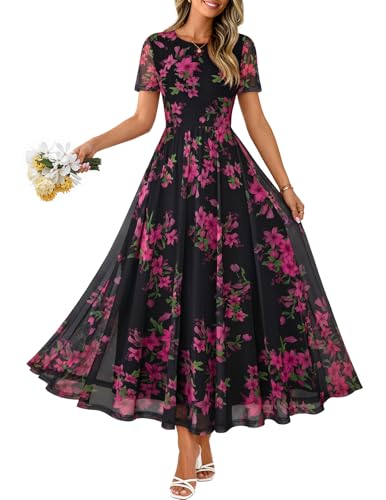 MEROKEETY Women' Summer Floral Maxi Dress 2026 Spring Mesh Short Sleeve Flowy Wedding Guest Beach Long Dresses, Black, Medium - Image 1