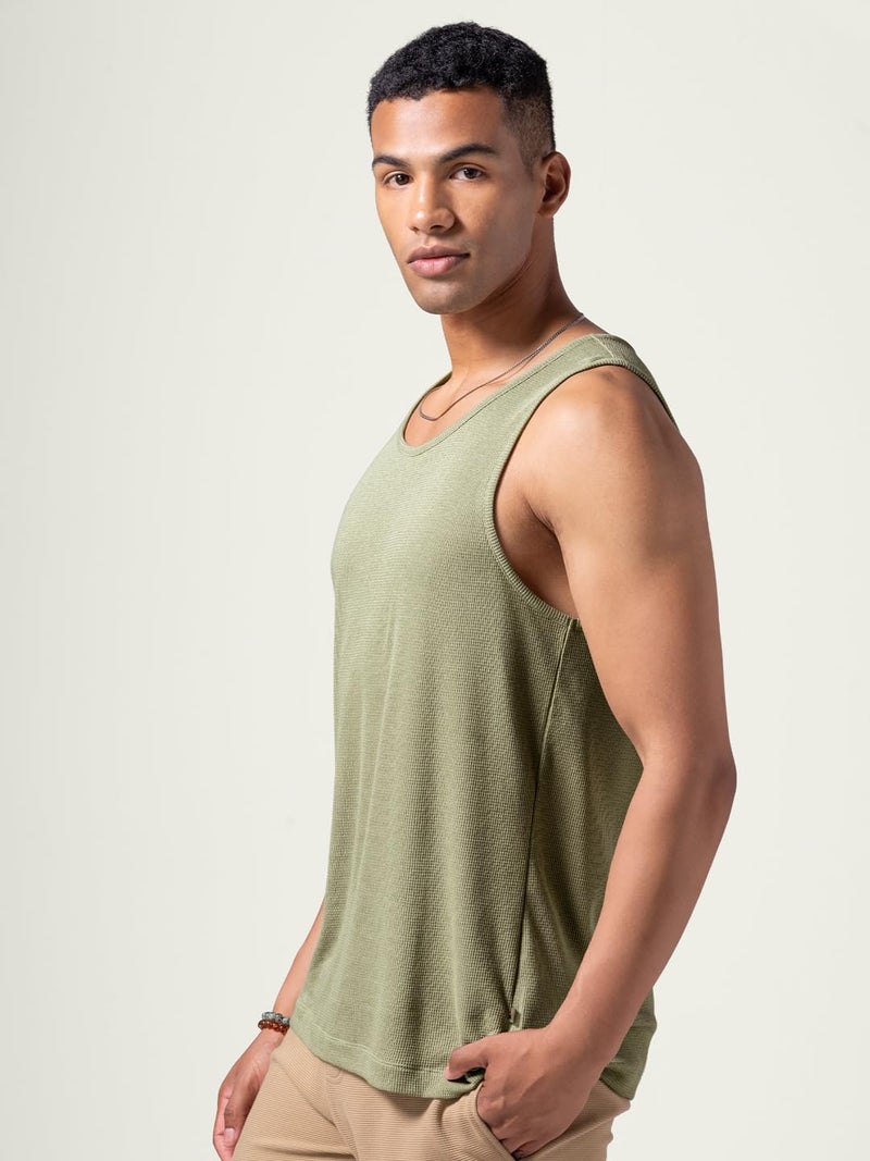 DAMENSCH Relaxed Fit Cotton Rich Blend Waffle Texture Anti- Bacterial Super Premium Solid Tank Top Gym T Shirts for Men Pack of 1-Willow Green-M - Image 5