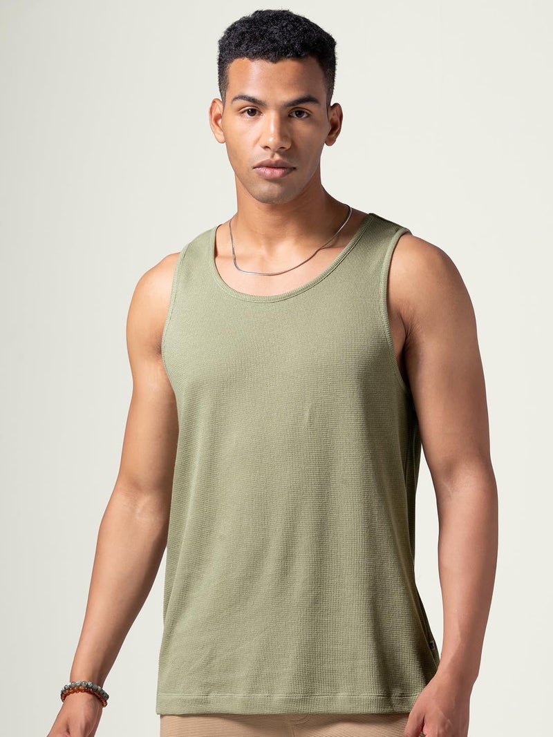 DAMENSCH Relaxed Fit Cotton Rich Blend Waffle Texture Anti- Bacterial Super Premium Solid Tank Top Gym T Shirts for Men Pack of 1-Willow Green-M - Image 4