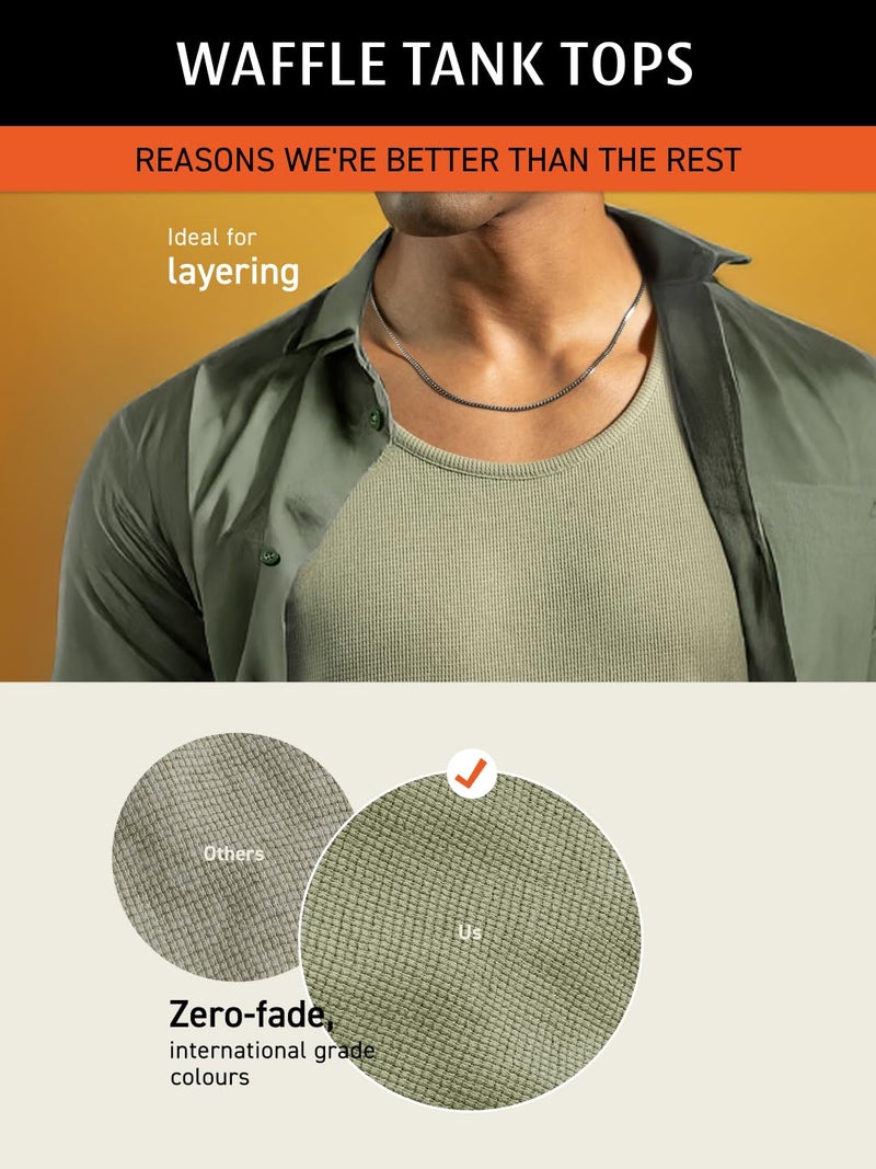 DAMENSCH Relaxed Fit Cotton Rich Blend Waffle Texture Anti- Bacterial Super Premium Solid Tank Top Gym T Shirts for Men Pack of 1-Willow Green-M - Image 3