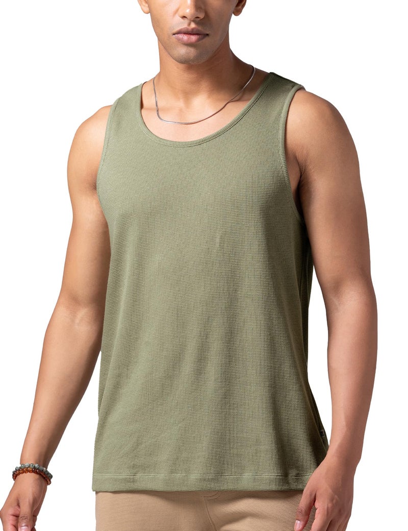 DAMENSCH Relaxed Fit Cotton Rich Blend Waffle Texture Anti- Bacterial Super Premium Solid Tank Top Gym T Shirts for Men Pack of 1-Willow Green-M - Image 1