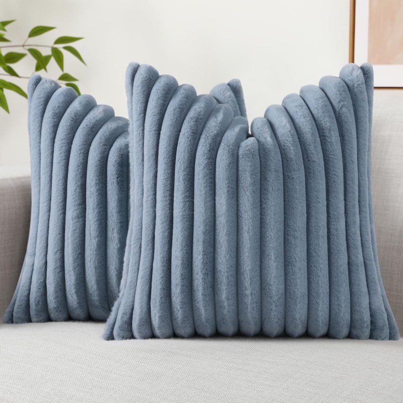 Decoruhome Faux Fur Spring Throw Pillow Covers 16X16 Set Of 2  Decorative Soft Plush Striped Neutral Couch Pillow Covers With Velvet Back For Sofa  Bed  Living Room Home  Grey Blue - Image 1