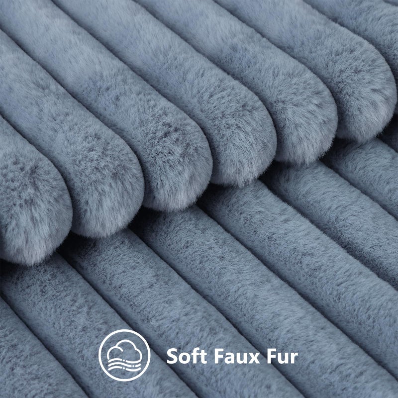 Decoruhome Faux Fur Spring Throw Pillow Covers 16X16 Set Of 2  Decorative Soft Plush Striped Neutral Couch Pillow Covers With Velvet Back For Sofa  Bed  Living Room Home  Grey Blue - Image 2