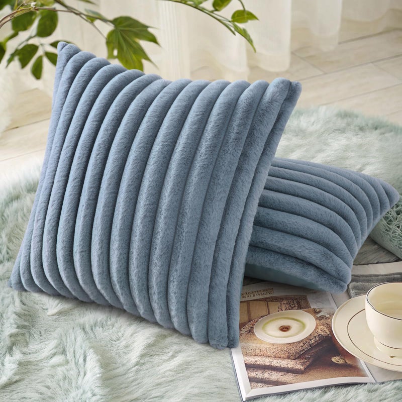 Decoruhome Faux Fur Spring Throw Pillow Covers 16X16 Set Of 2  Decorative Soft Plush Striped Neutral Couch Pillow Covers With Velvet Back For Sofa  Bed  Living Room Home  Grey Blue - Image 4