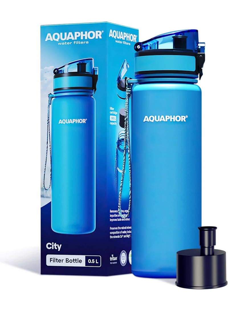 Aquaphor City Water Filter Bottle 500ml, Portable Travel Water Purifier Bottle with Activated Carbon Filter, BPA-Free Tritan Material, Reduces Chlorine & Odor, Eco-Friendly Reusable Bottle For Daily Use (Blue) - Image 1
