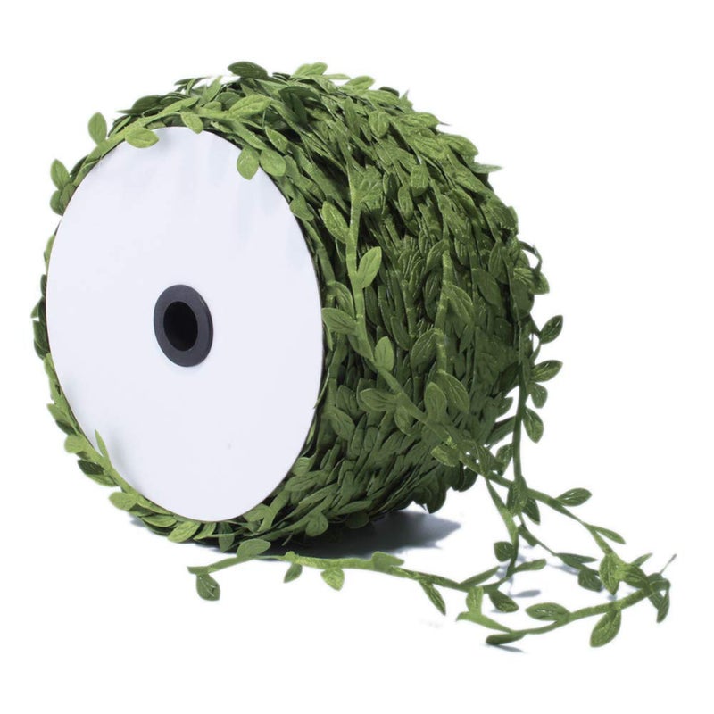 BASOKAN Grass Olive Green Leaves Leaf Ribbon Trim Rope - 20 Yards - for Garland DIY Crafts and Party Wedding Home Decorations - Image 1