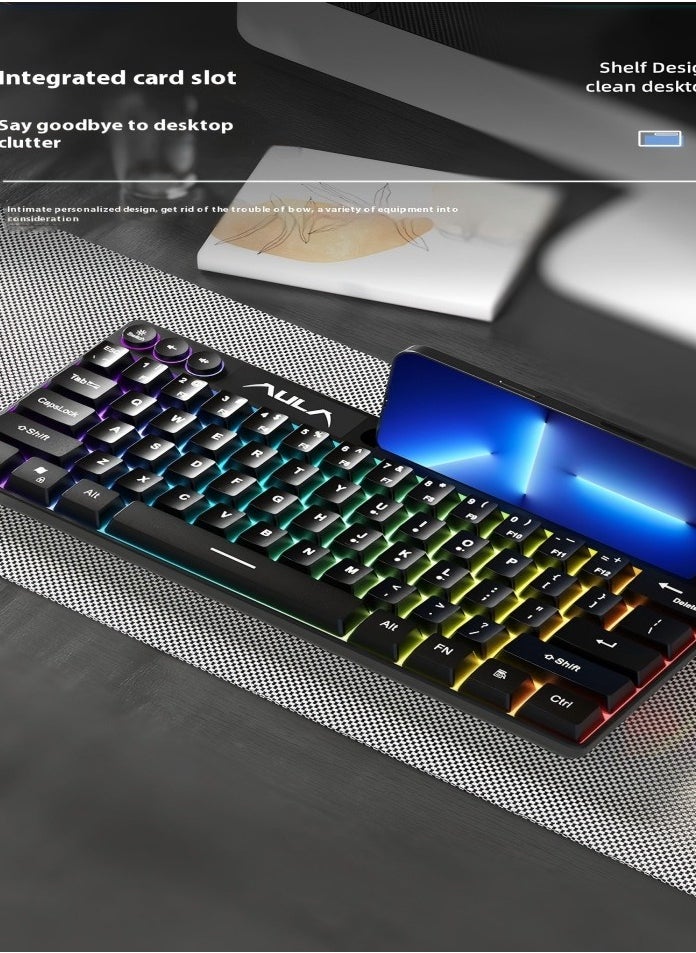 Healife - Compact RGB Mechanical Keyboard, 64-Key Wired Backlit Gaming Keyboard with Phone Holder - Image 1