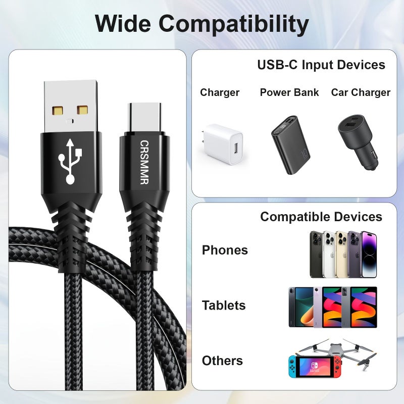 5 مجموعات شحن سريع كابل نقل بيانات مضفر من USB إلى USB-C بطول 300 سم 9.9 قدم 118 بوصة لهواتف سامسونج وشاومي وهواوي وأوبو وأندرويد متوافق مع آيفون وماك بوك وآيباد - Image 4